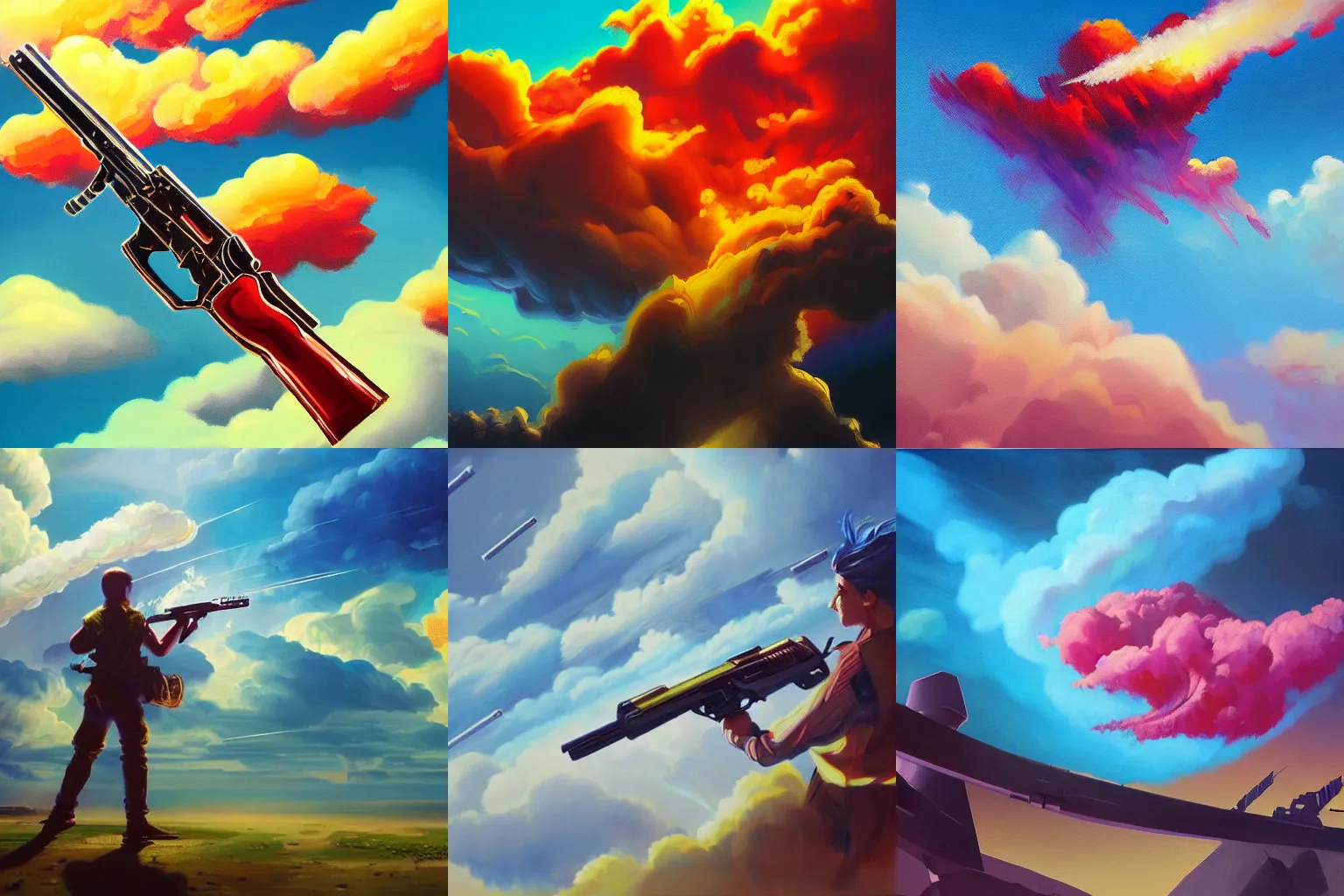 Prompt: a vibrant acrylic painting of a riflegun shooting huge cloud from it's muzzle, cloudpunk, concept art, trending on artstation