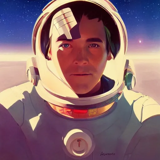 Image similar to 1 9 8 0 s space ship pilot, cool young renegade, in the style of studio ghibli, j. c. leyendecker, greg rutkowski, artem