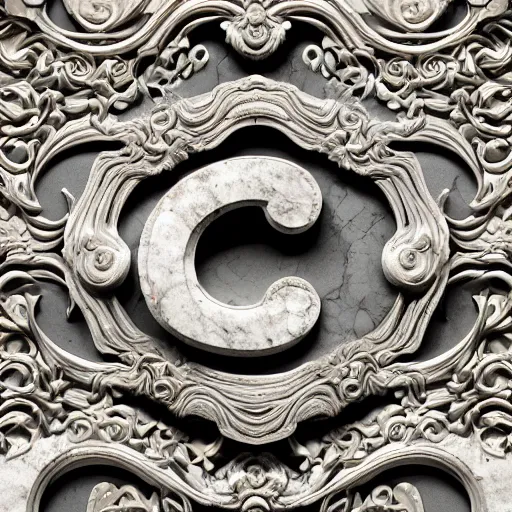 Image similar to a 3 d render of letter c made from marble, the style of rococo, c letter : 9, calligraphy, wes anderson background, intricate details, ancient swirls, pastel colors, colorful, octane render, digital painting, hyperdetails, unreal engine, letter design, type design, featured behance type design, ivory and black marble, museum piece, dynamic light,
