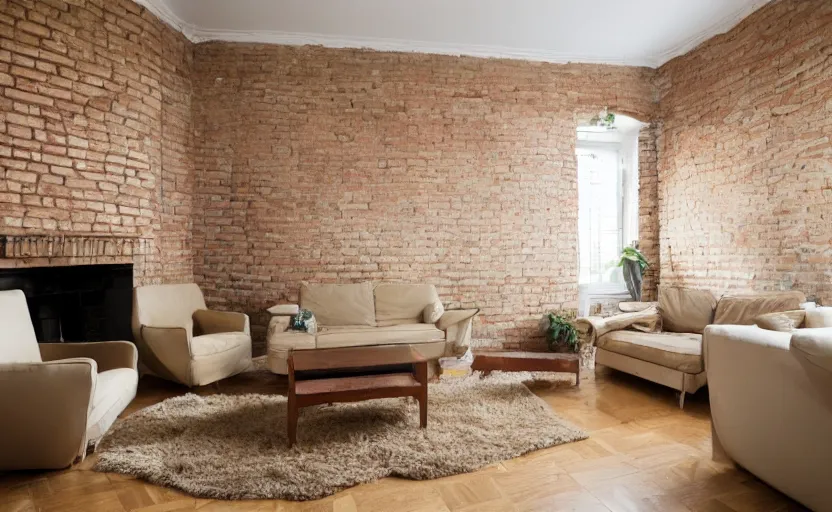 Image similar to living room interior, old beige walls, brown tiled floor, one wall with bricks, white plastic garden chairs, ashtray, stained beige deep pile rug, 1990s oak wood furniture