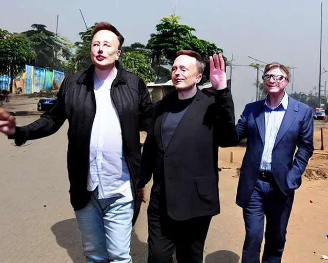 Image similar to elon musk and bill gates drunk in the streets of kinshasa