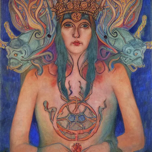 Image similar to the tentacle crown, by Annie Swynnerton! and Nicholas Roerich and (((Diego Rivera))), bioluminescent skin, tattoos, elaborate costume, geometric ornament, symbolist, rich colors, dramatic lighting, smooth, sharp focus, extremely detailed