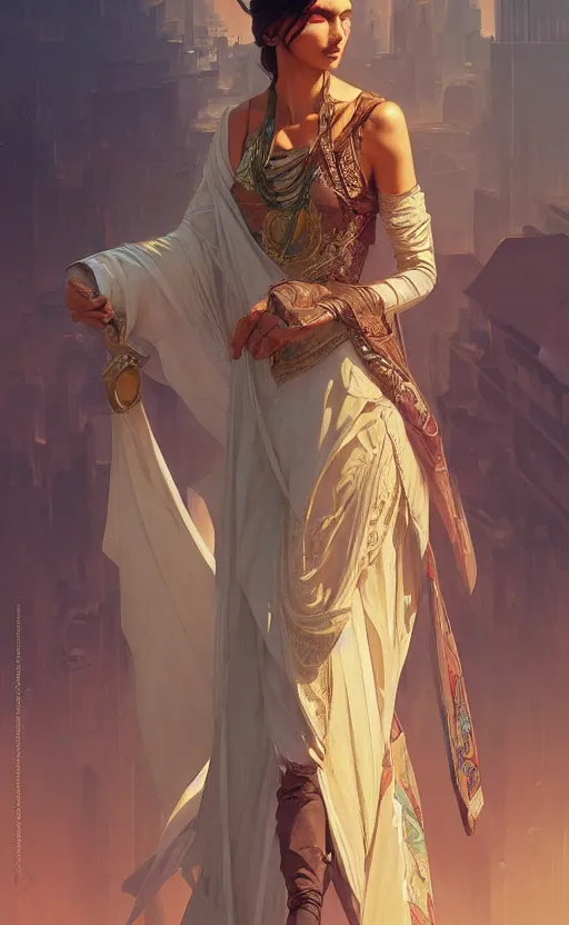 Image similar to a personification of the United Arab Emirates, highly detailed, digital painting, artstation, concept art, sharp focus, illustration, art by greg rutkowski and alphonse mucha