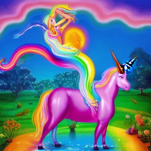 Image similar to a painting of a woke man riding an unicorn, a storybook illustration by Lisa Frank, featured on pixiv, magical realism, irridescent, storybook