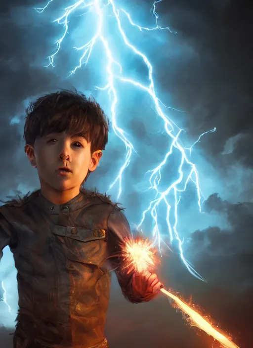 Image similar to An epic fantasy comic book style portrait painting of a young boy surrounded by lightning and power, unreal 5, DAZ, hyperrealistic, octane render, cosplay, RPG portrait, dynamic lighting