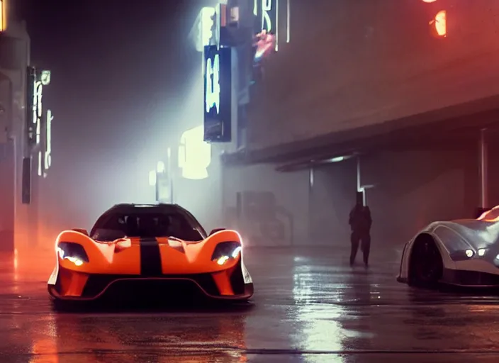 Prompt: Bladerunner 2049 scene of man tuning his sports car in garage dark atmospheric volumetric lighting moody dark cinematic Roger Deakins Cinematography futuristic cyberpunk car GT40 Le Mans GTR R35 Viper RX-8 S14 Lan Evo X ikuo maeda Newton Thomas Sigel