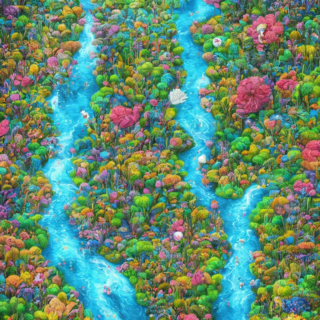 Prompt: surrealist painting with a river running through the middle going off into the infinite distance with a girl throwing rocks into the river with whimsical trees and flowers and scenery, 8 k, trending on artstation, illustration, mixed collage media, hyper detailed, simple lines, warm epic colors