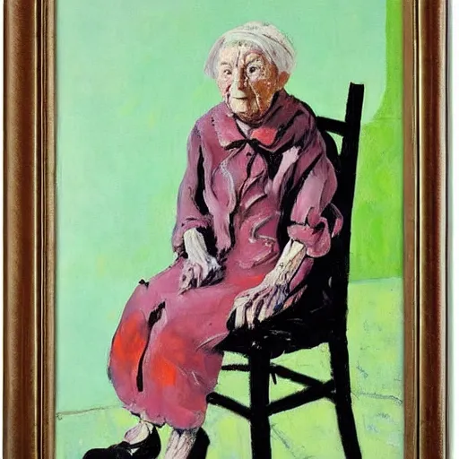 Prompt: painting of an old woman sitting on a chair, staring at you, by georg baselitz