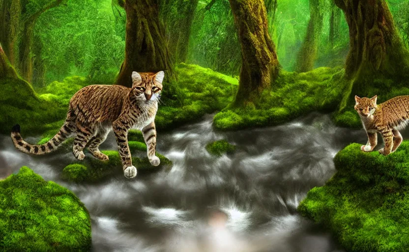 Image similar to wild cats in a clear water stream in a mossy fantasty forest, professional digital art, 4k ultra