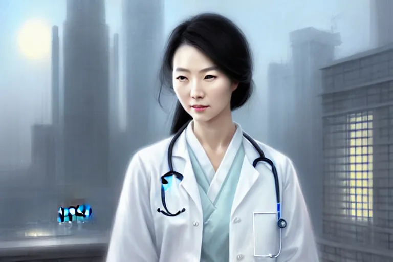 Prompt: an elegant and beautiful chinese female doctor like liying zhao in a white coat in front of a hospital building, cinematic, highly detailed, digital painting, artstation, concept art, matte, sharp focus, illustration, art by artgerm and greg rutkowski
