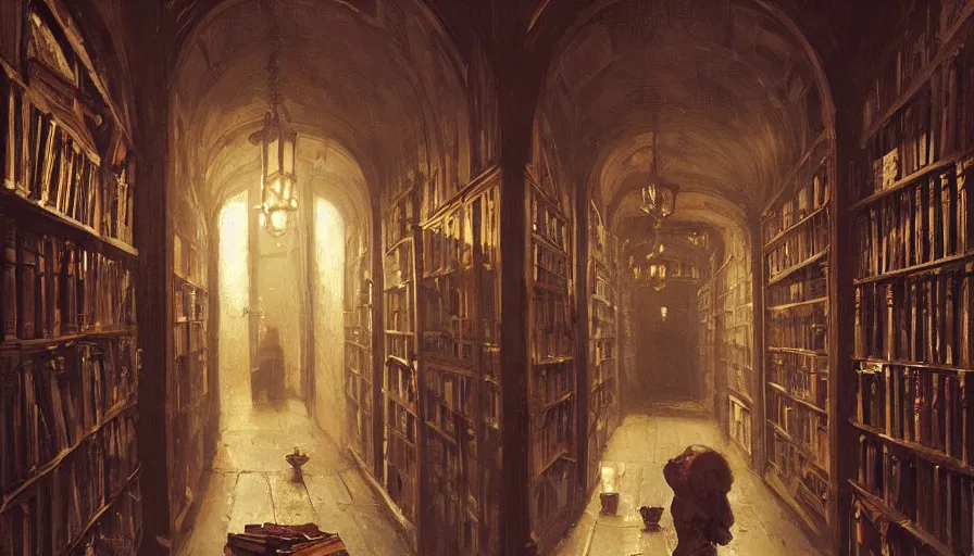 Prompt: Stefan Koidl's painting of a deep dark creepy victorian corridor with bookshelves everywhere and two candles. 4k, octane, digital painting, artstation, concept art, sharp focus, illustration, art by artgerm and greg rutkowski and alphonse mucha.