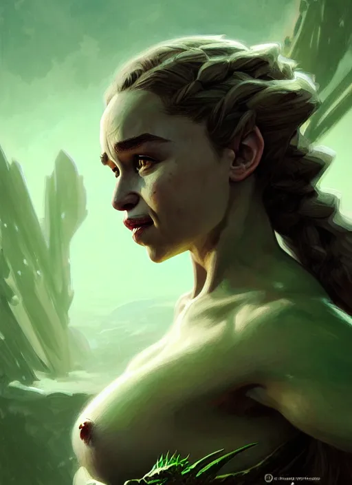 Image similar to portrait of emilia clarke as a goblin, d & d, muscular! green, fantasy, intricate, elegant, highly detailed, digital painting, artstation, concept art, smooth, sharp focus, illustration, art by artgerm and greg rutkowski and alphonse mucha