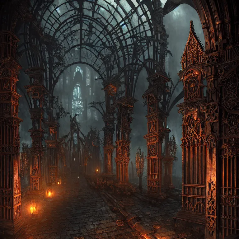 Image similar to steam necropolis, memento mori, gothic, neo - gothic, art nouveau, hyperdetailed copper patina medieval icon, stefan morrell, philippe druillet, ralph mcquarrie, concept art, steampunk, unreal engine, detailed intricate environment, octane render, moody atmospherics, volumetric lighting, ultrasharp, ominous, otherworldly