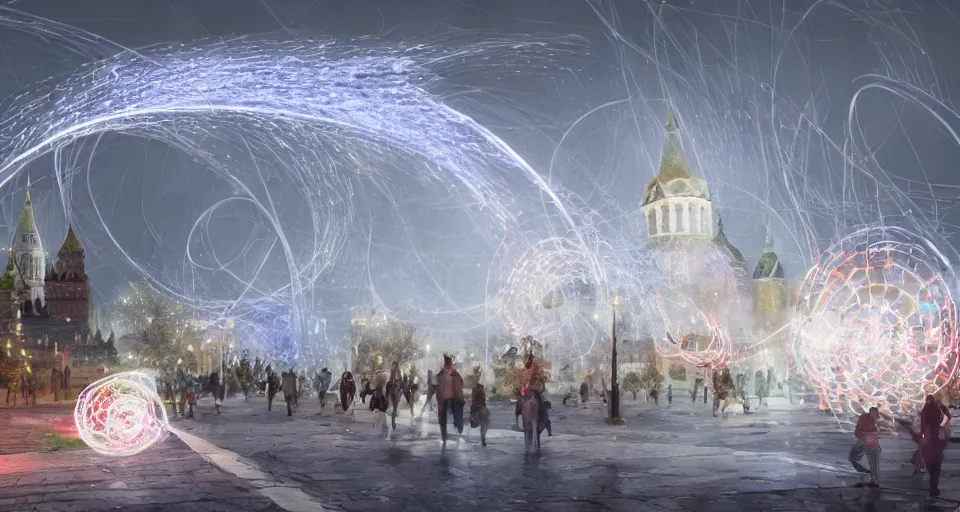 Image similar to pepople and a spiral - shaped white luminous attractor is floating near kremlin, concept art, art for the game, professional lighting, art