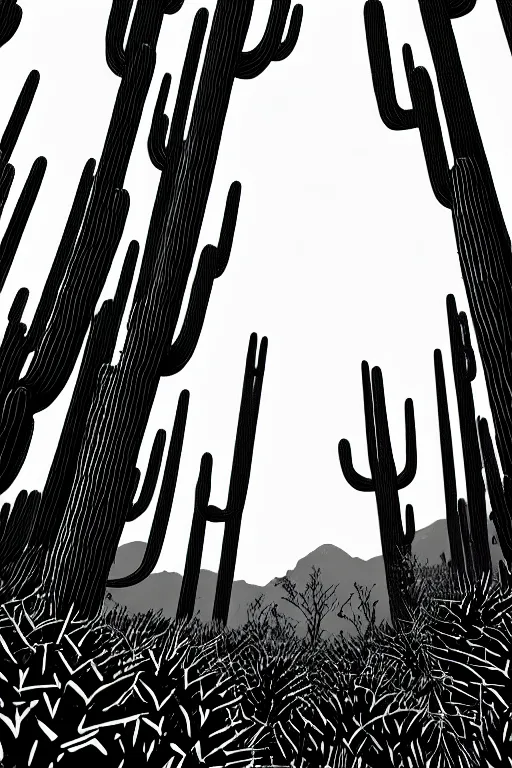 Prompt: art by brian reedy, a beautiful black ink linocut print of the giant cactus forest baja mexico, 8 k, frostbite 3 engine, cryengine, ground level shot, dof, trending on artstation, digital art, crepuscular ray