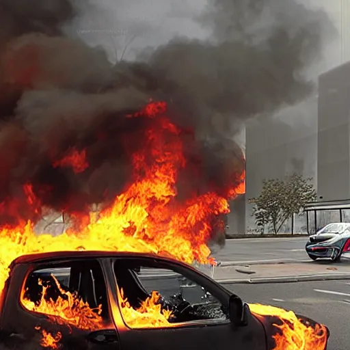 Prompt: Car on fire, on its roof, photo realistic, award winning