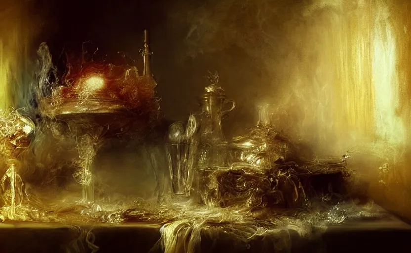 Image similar to alchemy still life amazing composition. by artstation trending, by joseph mallord william turner, luis royo, konstantin razumov, cinematic lighting, fractal flame, highly detailed
