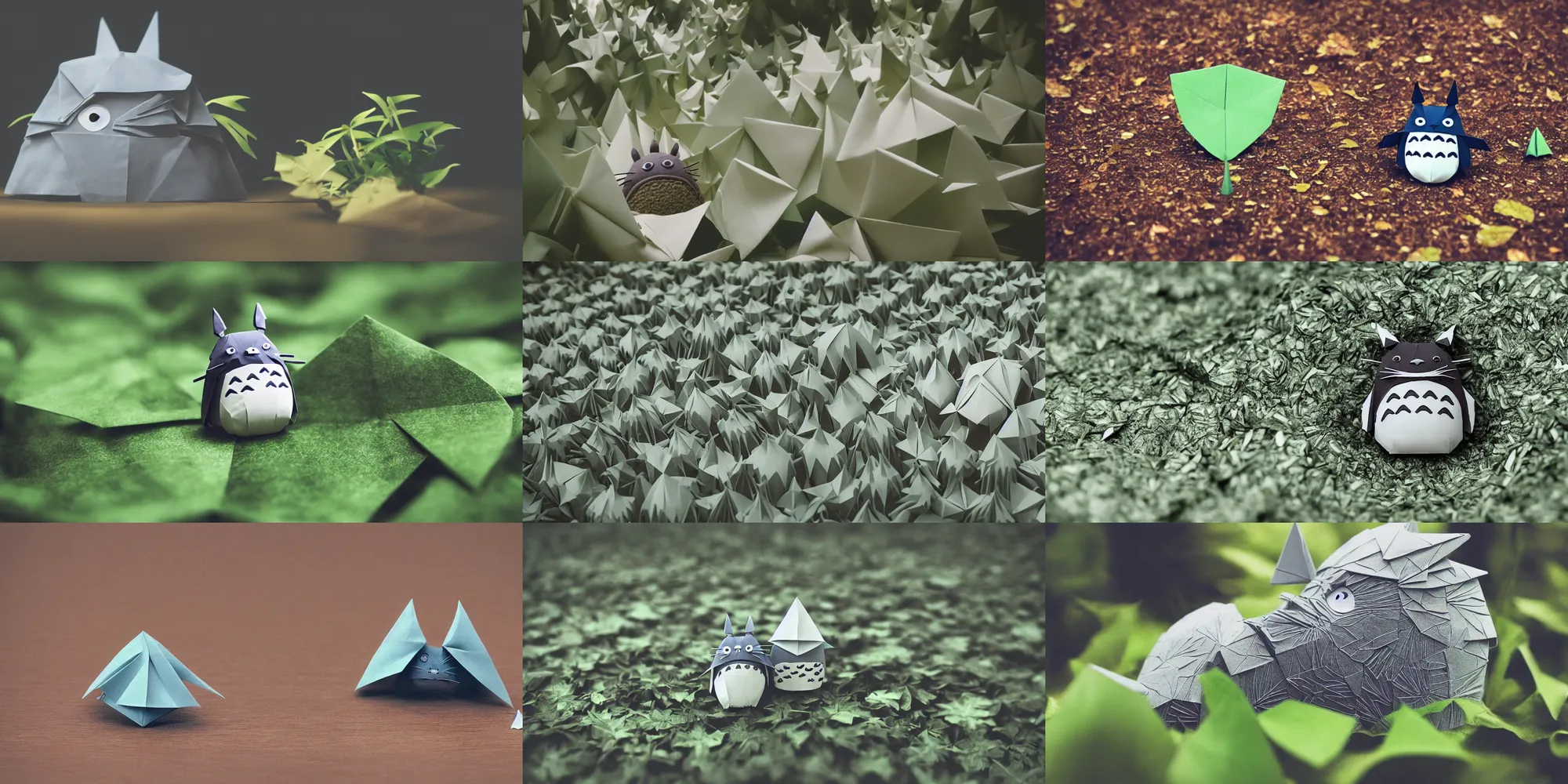 Prompt: totoro in film still with a full still life film still commercial extreme closeup photo of real - life intricate origami plant, perfect eyes, tilt shift zaha hadid real - life origami forests background, ghibli leaf hat insta filter, cinestill, 8 k