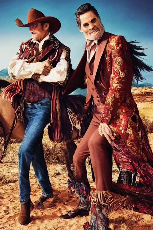 Image similar to dolce & gabbana campaign featuring jim carey as a cowboy, unprocessed colors, # nofilter, shot by annie leibovitz, realistic vfx simulation