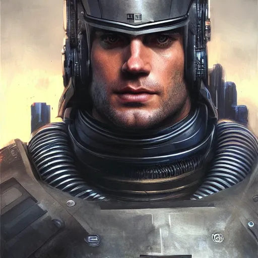 Image similar to henry cavill as a realistic scifi cyberpunk knight, closeup portrait art by donato giancola and greg rutkowski, realistic face, digital art, trending on artstation, symmetry!!!