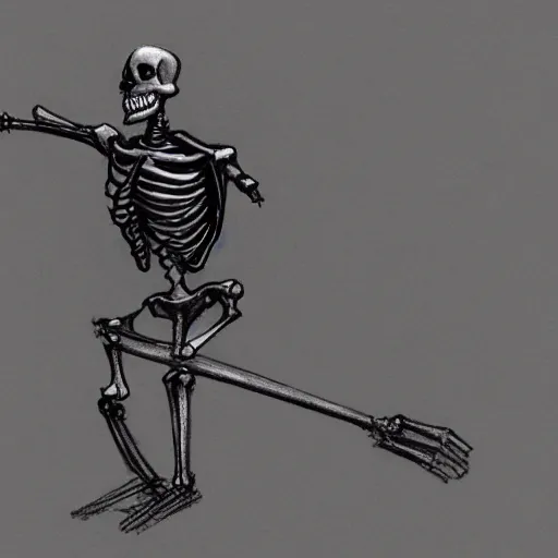 Image similar to pencil sketch of a skeleton with a cane sprinting, concept art