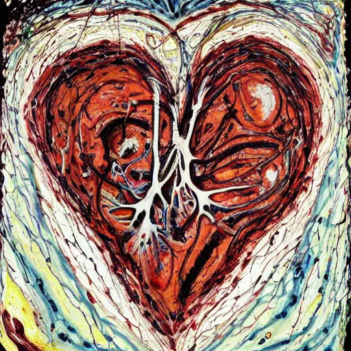 Image similar to anatomically correct human heart, real heart, anatomic, painting by jackson pollock