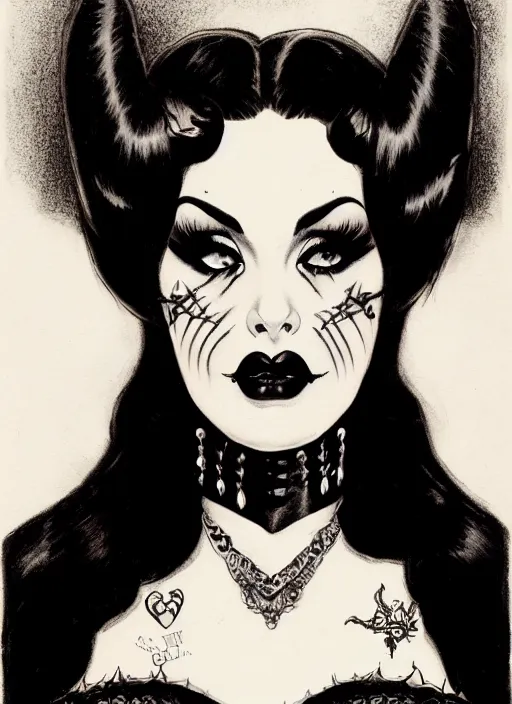 Image similar to portrait of a goth girl burlesque psychobilly punk, detailed face, white background, drawing, 4 k, illustration by frank frazetta