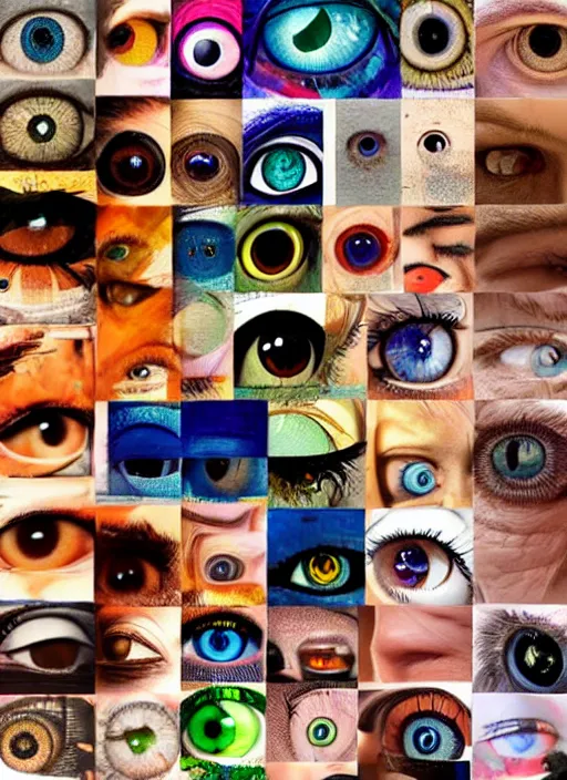 Image similar to diverse eyes!, dot pupils, round pupil, happy human eyes, round iris, advanced art, art styles mix, from wikipedia, grid of styles, various eye shapes