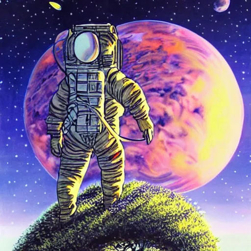 Image similar to Astronaut sitting on the tree, watching sunset, artwork by Ayami Kojima, deviantart contest winner,