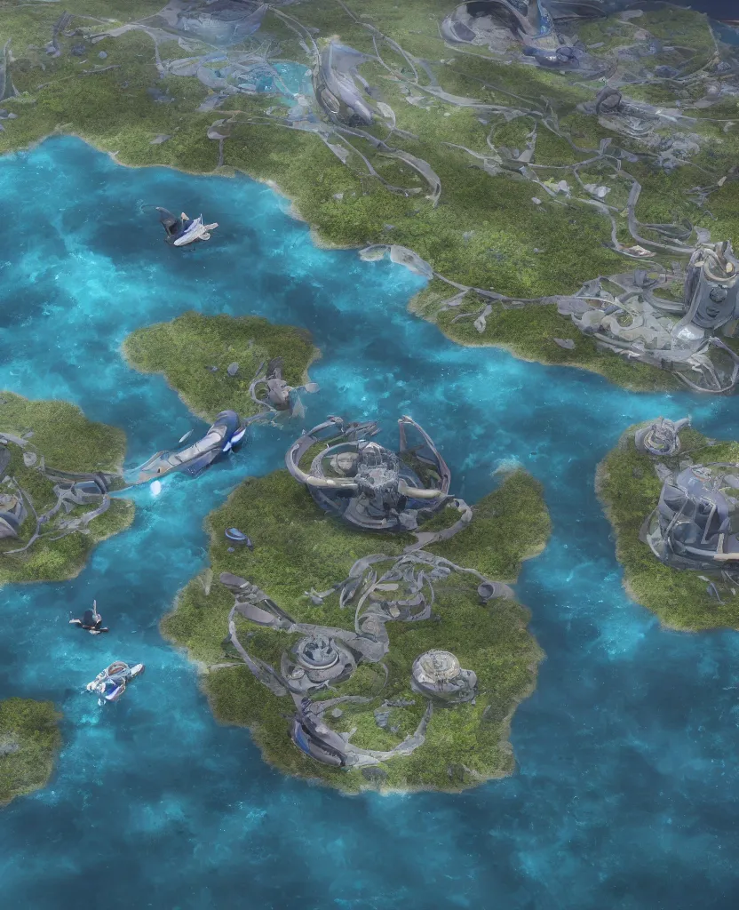 Image similar to a crescent shaped pelagic settlement floating on the water, view from above, fusion of subnautica and star trek, aquaculture farms in the water around, boats of different sizes, hyperrealistic sci - fi illustratiom, soft natural volumetric lighting, realistic 4 k unreal engine 5 beautifully detailed render, 4 k post processing, trending on artstation