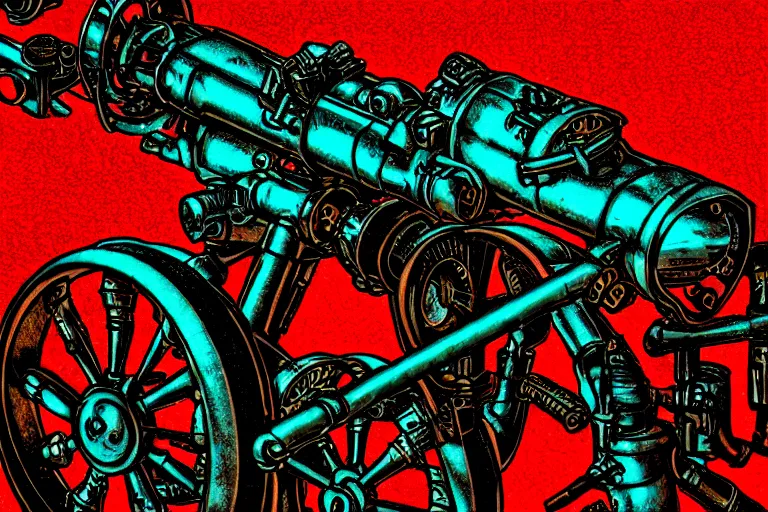 Image similar to steampunk machines!, in the style of john avon and derek riggs and eva widermann, trending on artstation, halfrear lighting closeup view anaglyph filter, bokeh, anime, colored pencil art, belle epoque