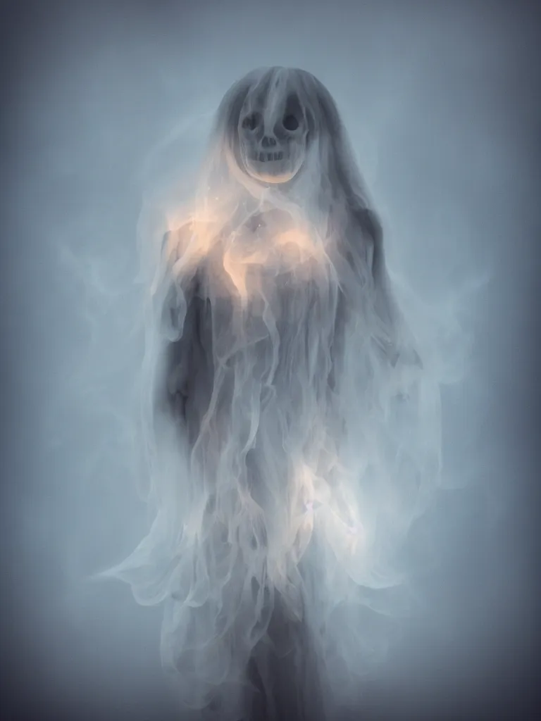 Image similar to cute fumo plush beautiful ectoplasmic gothic skeletal jellyfish ghost girl, glowing milky wisps of hazy smoke and volumetric fog, lens flare, subsurface scattering, vignette, asymmetry, bokeh, refraction, vray