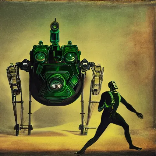 Image similar to duotone black and green portrait of a giant mechanical goliath chasing natasha karsavina