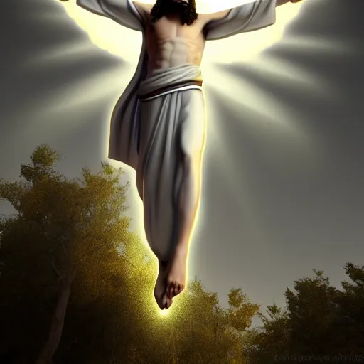 Prompt: Jesus Christ with white wings, dynamic lighting, +++ dynamic pose, high resolution, powerful, halo, 8k