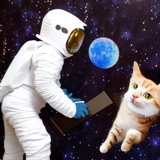 Prompt: cat astronaut plays with a moon rock