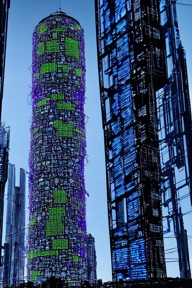 Image similar to cyberpunk tower made out of billions of stacked computer screens