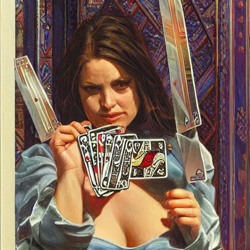 Image similar to woman using poker cards as weapons, by donato giancola