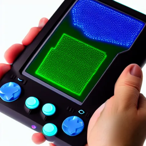 Prompt: Futuristic Handheld Video Game System with Holographic Display