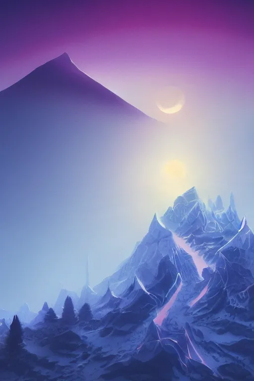Prompt: digital matte fantasy dreamy mountain scape pastels snow futuristic moonlight, artstation, behance, 8 k by alex grey