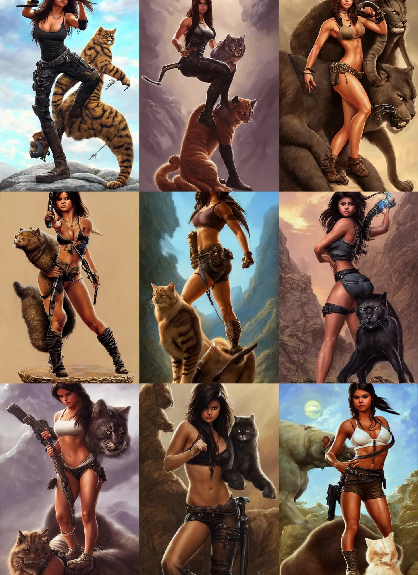 Image similar to portrait of tough looking Selena Gomez as a muscled Lara Croft sitting on her large giant cat beast, elegant, highly detailed, centered, digital painting, artstation, concept art, artgerm, donato giancola, Joseph Christian Leyendecker, WLOP, Boris Vallejo, Artgerm