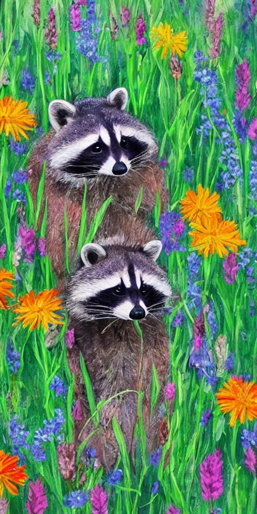 Image similar to painting raccoon in field of flowers,