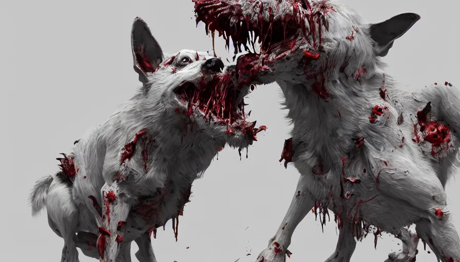 Image similar to Rabid zombie dog on white background, hyperdetailed, artstation, cgsociety, 8k
