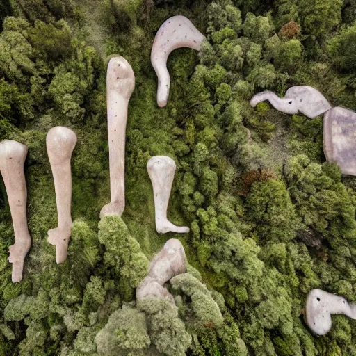 Image similar to a series of gigantic weird concrete human body parts, integrated in the mountains, surrounded by vegetation, perspective shot from the sky, realistic, by origiful, 4 k