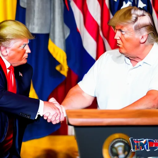 Prompt: professional photograph of Donald Trump and Peter Griffin shaking hands at a press conference, 8k, highly detailed, highly intricate,