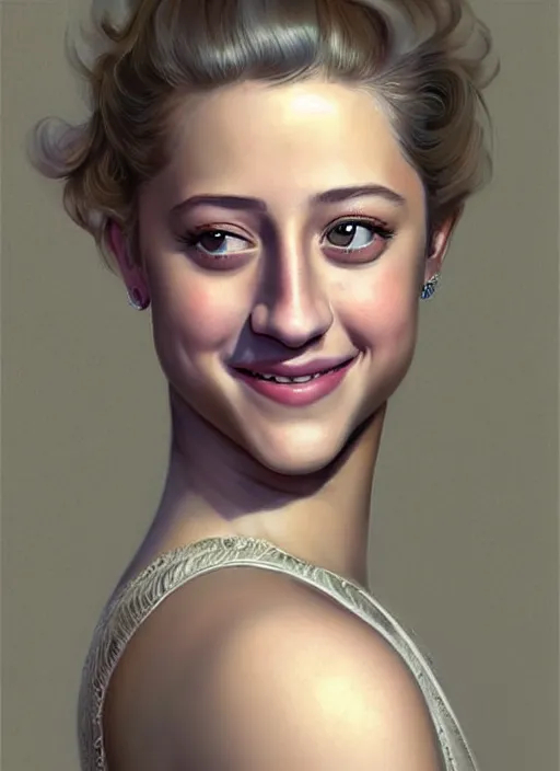 Image similar to portrait of lili reinhart with fluffy bangs, smiling kindly, bangs, 1 9 6 0 s, ponytail, curly bangs and ponytail, rounder face, intricate, elegant, glowing lights, highly detailed, digital painting, artstation, concept art, smooth, sharp focus, illustration, art by wlop, mars ravelo and greg rutkowski