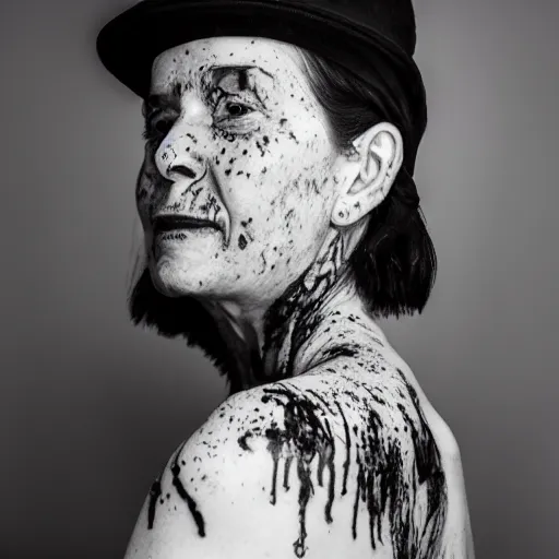 Prompt: a person bathing in ink, portrait photography