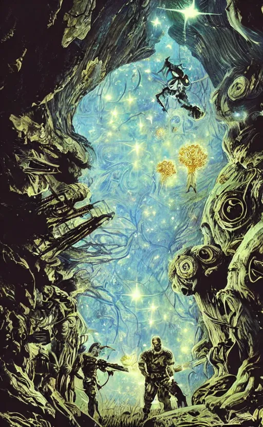 Prompt: stars in the sky fairies with detailed faces enchanted forest mushrooms on the ground psychedelic wide angle shot white background vector art illustration gears of war by frank frazetta