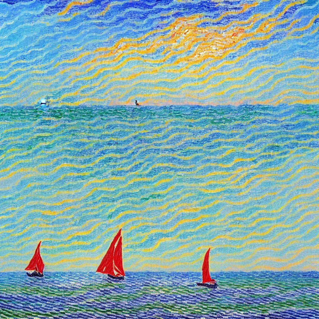 Image similar to beautiful Rolling waves, with a distant, red sailed yacht in the style of Monet and Signac and painted in a style of painting similar to Van Gogh but more impasto and less hatching