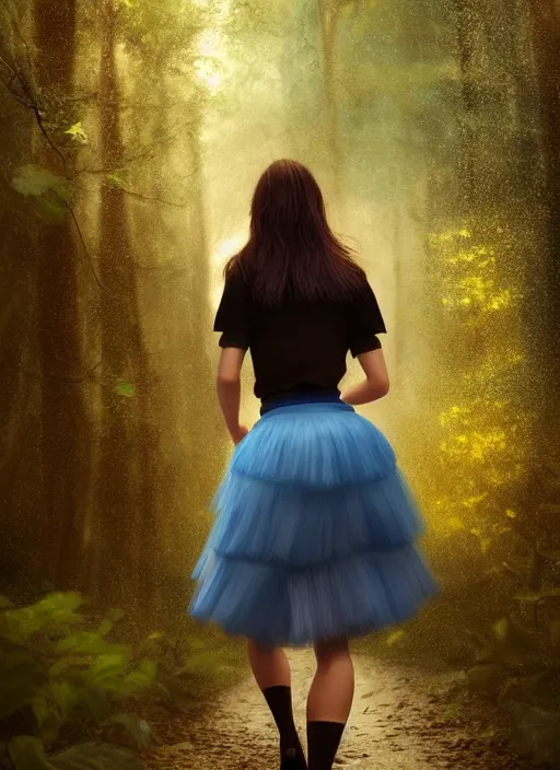 Image similar to young woman walking : : very short blue skirt : : magic raining forest nature : : weta disney pixar movie still photo : : decadent highly - detailed digital painting, full length shot, golden ratio, octane render, artstation, smooth, sharp focus, artgerm, mucha, loish, wlop, gogo