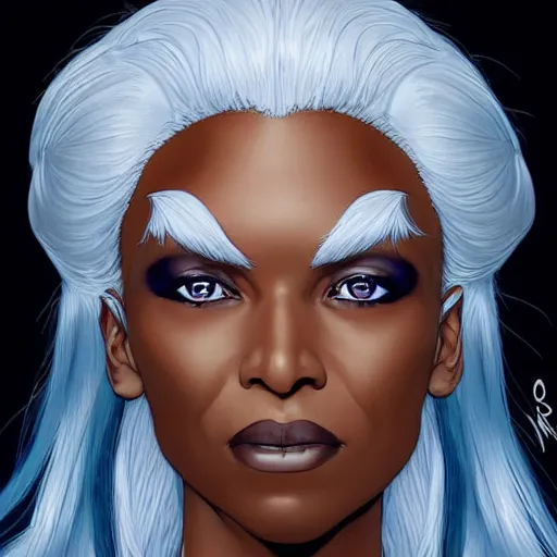 Image similar to Portrait of Ororo Munroe, a beautiful black woman in her 30s, with white hair and piercing blue eyes, symmetrical face, detailed face, delicate features, graphic novel, art by Ardian Syaf,